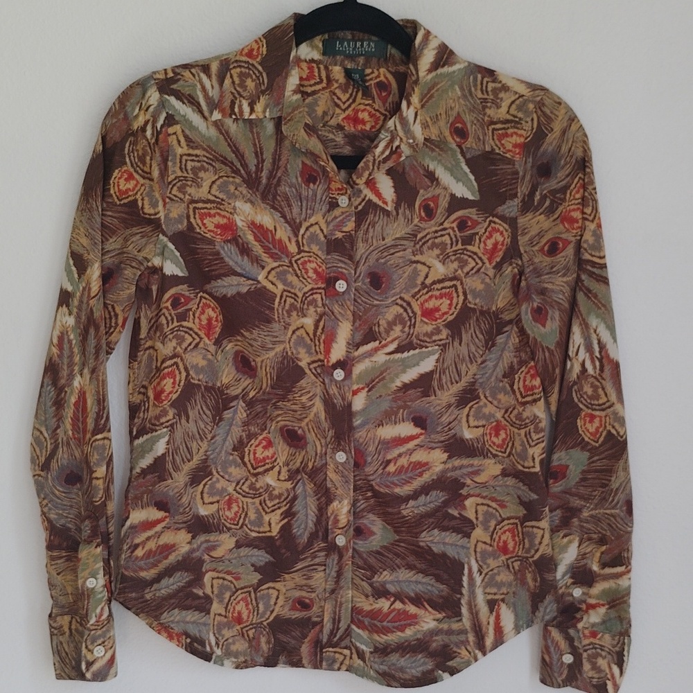 Lauren Ralph Lauren Womens Peacock Feather Button Up Shirt Sz PXS Western Preppy